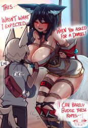 Rule 34 | 1boy, 1girl, :d, ahri (league of legends), animal ear fluff, animal ears, bare shoulders, bdsm, black hair, bondage, bound, breasts, collarbone, detached sleeves, ehrrr, english text, fangs, fox ears, highres, korean clothes, kyuubi, large breasts, league of legends, long hair, open mouth, rope, shiny skin, smile, teeth, upper teeth only