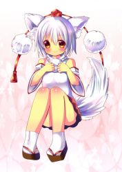 Rule 34 | 1girl, animal ears, bare shoulders, blush, breasts, chocolat (momoiro piano), detached sleeves, hand on own chest, hat, inubashiri momiji, looking at viewer, pom pom (clothes), red eyes, short hair, silver hair, sitting, smile, solo, tail, tokin hat, touhou, wolf ears, wolf tail