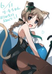 Rule 34 | 1girl, absurdres, animal ears, ass, black leotard, black pantyhose, blue eyes, blush, braid, braided ponytail, breasts, brown hair, cat ears, cat tail, hat, high heels, highres, large breasts, leotard, long hair, looking at viewer, lynette bishop, mini hat, open mouth, pantyhose, ponytail, smile, solo, strike witches, tail, tokiani, world witches series