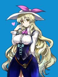 Rule 34 | 1girl, blonde hair, blue background, blush, bow, bowtie, breasts, corset, hat, hat bow, heart, large breasts, long hair, long sleeves, looking at viewer, pfalz, shirt, simple background, skirt, smile, solo, touhou, underbust, watatsuki no toyohime, wavy hair, yellow eyes