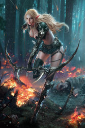 Rule 34 | 1girl, absurdres, armor, armored boots, arrow (projectile), asymmetrical legwear, bikini armor, blonde hair, blue eyes, boots, bow (weapon), braid, breasts, cleavage, cross-laced clothes, cross-laced legwear, drawing bow, elf, eyelashes, facial scar, fingerless gloves, fingernails, fire, forest, full body, gauntlets, gloves, grass, highres, holding bow (weapon), injury, jewelry, knee pads, knife, large breasts, lips, long fingernails, long hair, looking at viewer, lying, midriff, miniskirt, mu legend, nature, navel, necklace, night, nose, on stomach, orc, parted lips, planted, pointy ears, realistic, scar, scar on cheek, scar on face, skirt, solo, standing, standing on one leg, sword, tae seop shin, teeth, thighhighs, tree, uneven legwear, weapon