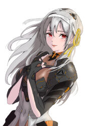 Rule 34 | 1girl, absurdres, armor, armored gloves, bandaged head, bandages, black gloves, bodysuit, breasts, fingerless gloves, gloves, goddess of victory: nikke, grey hair, hair ribbon, hands on own chest, highres, light blush, long hair, looking at viewer, medium breasts, modernia (nikke), parted lips, ramuneogura, red eyes, ribbon, shoulder armor, sidelocks, smile, solo, yellow ribbon