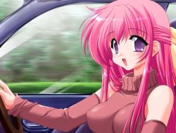 Rule 34 | 1girl, artist request, breasts, car, character request, copyright request, detached sleeves, large breasts, motor vehicle, pink hair, purple eyes, solo, tagme, vehicle
