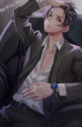 Rule 34 | 1boy, arm up, black hair, black jacket, black pants, chair, chifu s2, closed mouth, collarbone, collared shirt, cowboy shot, earrings, green eyes, grey background, hand on own head, highres, jacket, jewelry, male focus, matsuno chifuyu, pants, partially unbuttoned, shirt, short hair, single earring, sitting, solo, tokyo revengers, twitter username, watch, white shirt, wristwatch
