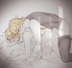 Rule 34 | 1boy, 1girl, ^^^, adolescence (vocaloid), all fours, ass, bed sheet, blonde hair, blue eyes, blush, brother and sister, camisole, closed eyes, clothes pull, doggystyle, frilled camisole, frills, from side, hair ornament, hairclip, incest, kagamine len, kagamine rin, kiss, kissing neck, meman, necktie, on bed, open mouth, pants, pants pull, pillow, pillow grab, profile, sex, sex from behind, short hair, short ponytail, siblings, sketch, twincest, twins, vocaloid, white camisole, yellow necktie