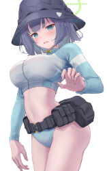 Rule 34 | bikini, bikini bottom only, blue archive, blush, breasts, bucket hat, cropped jacket, green eyes, halo, hat, highres, large breasts, long sleeves, looking at viewer, navel, official alternate costume, open mouth, purple hair, rash guard, saki (blue archive), saki (swimsuit) (blue archive), short hair, simple background, standing, sthk, stomach, swimsuit, wavy mouth, white background