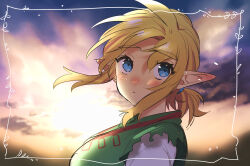 Rule 34 | 1girl, blue eyes, blush, breasts, closed mouth, commentary request, ear blush, earrings, from side, genderswap, genderswap (mtf), green shirt, highres, jewelry, large breasts, link, looking at viewer, looking to the side, nintendo, outdoors, pointy ears, shirt, sunlight, the legend of zelda, the legend of zelda: breath of the wild, torn clothes, torn shirt, ttanuu., white shirt
