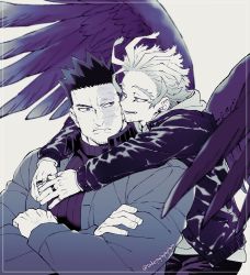 Rule 34 | 2boys, alternate costume, boku no hero academia, couple, crossed arms, endeavor (boku no hero academia), expressionless, facial hair, feathered wings, greyscale, hawks (boku no hero academia), hug, jacket, large pectorals, leather, leather jacket, male focus, mature male, monochrome, multiple boys, muscular, muscular male, pectorals, popo take, scar, scar across eye, scar on face, short hair, sideburns, spiked hair, spoilers, stubble, upper body, wings, yaoi