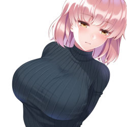 Rule 34 | 1girl, arms behind back, blue sweater, blush, bra, breasts, cleavage, closed mouth, from above, huyumitsu, jitome, large breasts, leaning back, leaning to the side, light frown, long hair, looking away, original, pink hair, ribbed sweater, simple background, solo, sweater, taut clothes, taut sweater, tight clothes, turtleneck, turtleneck sweater, underwear, upper body, yellow eyes
