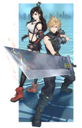 Rule 34 | 1boy, 1girl, arm guards, arm up, bare shoulders, black footwear, black hair, black pants, black shirt, black skirt, black sports bra, blonde hair, blue eyes, boots, breasts, buster sword, cloud strife, collarbone, commentary request, crop top, earrings, elbow pads, final fantasy, final fantasy vii, final fantasy vii remake, fingerless gloves, full body, gauntlets, gloves, hair between eyes, highres, holding, holding sword, holding weapon, jewelry, large breasts, long hair, looking to the side, low-tied long hair, lower teeth only, materia, midriff, navel, ohse, open mouth, outdoors, pants, red eyes, red footwear, shadow, shirt, short hair, shoulder pads, sidelocks, skirt, sleeveless, sleeveless shirt, spiked hair, sports bra, standing, suspender skirt, suspenders, sword, tank top, teeth, thighhighs, tifa lockhart, turtleneck, upper teeth only, weapon, white tank top, zettai ryouiki