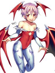 Rule 34 | 1girl, bare shoulders, blue pantyhose, blush, breasts, cleavage, cleavage cutout, clothing cutout, collarbone, dated, demon wings, head wings, iroyopon, lilith aensland, looking at viewer, medium breasts, open mouth, pantyhose, pink hair, red eyes, short hair, signature, smile, solo, teeth, vampire (game), wings