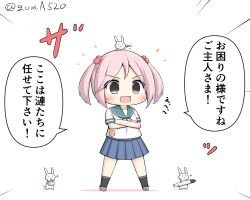 Rule 34 | 1girl, animal, animal on head, badge, blue sailor collar, blue skirt, rabbit, rabbit on head, button badge, chibi, commentary request, crossed arms, full body, goma (yoku yatta hou jane), hair bobbles, hair ornament, kantai collection, on head, one-hour drawing challenge, open mouth, pink eyes, pink hair, pleated skirt, sailor collar, sazanami (kancolle), school uniform, serafuku, short hair, simple background, skirt, standing, translation request, twintails, white background