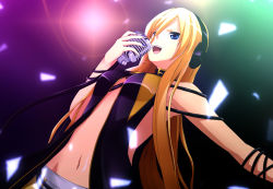 Rule 34 | 1girl, bad id, bad pixiv id, blonde hair, blue eyes, highres, lens flare, lily (vocaloid), long hair, microphone, midriff, music, navel, open mouth, pinky iwata (gorilla), singing, skirt, smile, solo, vintage microphone, vocaloid