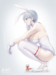 Rule 34 | 1girl, 2023, absurdres, animal ears, breasts, cigarette, detached collar, ear piercing, earrings, enryuu (rmxs3488), fake animal ears, fake tail, from side, gloves, grey background, grey hair, hand on own cheek, hand on own face, happy new year, high heels, highres, holding, holding cigarette, jar, jewelry, large breasts, leotard, new year, original, piercing, playboy bunny, rabbit ears, rabbit tail, red eyes, shadow, short hair, solo, squatting, tail, thighhighs, white footwear, white gloves, white leotard, white thighhighs