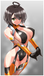 Rule 34 | 1girl, alternate costume, azur lane, baltimore (azur lane), bare shoulders, blush, breasts, cleavage, cleavage cutout, clothing cutout, cosplay, covered erect nipples, covered navel, curvy, eyebrows hidden by hair, fishnet legwear, fishnets, garter straps, gauntlets, gloves, gradient background, hair between eyes, highleg, highleg leotard, highres, hip vent, igawa sakura, igawa sakura (cosplay), izta, large breasts, leotard, looking at viewer, necktie, outstretched arms, revealing clothes, shiny skin, shirt, short hair, skin tight, smile, solo, sweat, taimanin (series), taimanin asagi, taimanin rpgx, taimanin suit, tan, tanline, thong leotard, upper body, wide hips