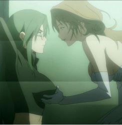Rule 34 | 2girls, angry, anime screenshot, arms behind head, asougi rin, bodysuit, grabbing another&#039;s breast, breasts, brown hair, cleavage, covered erect nipples, dress, grabbing, green eyes, green hair, large breasts, leaning forward, long hair, looking at another, makeup, midriff, mnemosyne, multiple girls, screencap, sideboob, smile, stitched, third-party edit, tied, yamnobe sayara, yuri