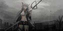 Rule 34 | 1girl, absurdres, animal, animal ear fluff, animal ears, arknights, bandeau, bird, black jacket, black shorts, blood, blood on face, breasts, building, chihuri, closed mouth, cloud, cloudy sky, commentary request, dual wielding, grey eyes, grey hair, hair between eyes, hair ornament, hairclip, highres, holding, holding sword, holding weapon, jacket, lappland (arknights), long hair, looking at viewer, material growth, navel, open clothes, open jacket, oripathy lesion (arknights), outdoors, red pupils, short shorts, short sleeves, shorts, sky, small breasts, solo, strapless, sword, tail, very long hair, weapon, wide sleeves