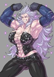 Rule 34 | abs, ahoge, bare shoulders, belt, breasts, cleavage, colored eyelashes, dorohedoro, ear piercing, elbow gloves, gloves, grey background, highres, huge breasts, hutago, long hair, midriff, muscular, muscular female, navel, noi (dorohedoro), pants, piercing, red eyes, shiny clothes, shiny skin, silver hair, skin tight, smile, solo, sparkle, standing, string, teeth