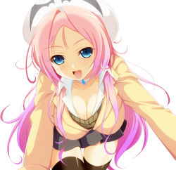 Rule 34 | 1girl, :d, black thighhighs, blazer, blue eyes, blush, breasts, cleavage, crawling, dra+koi, fang, gradient hair, hat, heroine (dra+koi), jacket, jewelry, large breasts, latex, leaning forward, long hair, multicolored hair, necklace, nitroplus, open mouth, pink hair, school uniform, simple background, skirt, slit pupils, smile, solo, sweater, thighhighs, violetshit, zettai ryouiki