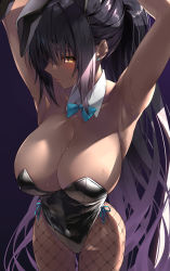 Rule 34 | 1girl, animal ears, aqua bow, aqua bowtie, armpits, arms behind head, arms up, backlighting, black hair, black leotard, blue archive, blush, bow, bowtie, breasts, cleavage, closed mouth, commentary request, covered navel, cowboy shot, dark-skinned female, dark skin, detached collar, earrings, eel mizue, fake animal ears, fishnet legwear, fishnets, highleg, highleg leotard, highres, jewelry, karin (blue archive), karin (bunny) (blue archive), legs apart, leotard, long hair, looking at viewer, looking to the side, multicolored hair, no bra, official alternate costume, playboy bunny, pointy nose, purple hair, shadow, side-tie leotard, simple background, slit pupils, solo, strapless, strapless leotard, streaked hair, sweat, two-tone hair, very long hair, yellow eyes