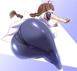 Rule 34 | 1girl, ahoge, ass, braid, breasts, brown eyes, brown hair, cameltoe, fingerless gloves, from behind, gloves, headband, hip attack, huge ass, large breasts, long hair, looking back, open mouth, pantylines, ryuuko no ken, shiny clothes, sideboob, single braid, snk, solo, spandex, the king of fighters, tonpuu, very long hair, yuri sakazaki