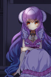 Rule 34 | 1girl, amrita (sword girls), crying, crying with eyes open, dress, female focus, frilled dress, frills, frown, holding own arm, horns, jewelry, lock, long hair, lowres, necklace, odeu, pink hair, red eyes, sitting, solo, sword girls, tears, very long hair, wavy hair