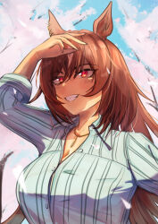 1girl animal_ears blue_shirt breasts brown_hair cleavage collared_shirt commentary day grin hair_between_eyes hanami highres horse_ears horse_girl jewelry large_breasts long_hair long_sleeves looking_at_viewer multicolored_hair necklace official_alternate_costume orusun outdoors red_eyes shirt sirius_symboli_(umamusume) smile solo streaked_hair striped_clothes striped_shirt umamusume vertical-striped_clothes vertical-striped_shirt white_hair