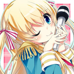 Rule 34 | 10s, 1girl, ;p, bad id, bad pixiv id, bekki natsumi, blonde hair, blue eyes, bow, commentary request, epaulettes, hair bow, looking at viewer, microphone, neo1031, no-rin, one eye closed, solo, tongue, tongue out, two side up