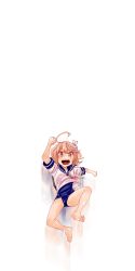 Rule 34 | &gt;:d, 10s, 1girl, :d, ahoge, arms up, cherry blossoms, full body, hair ornament, i-58 (kancolle), jumping, kantai collection, motion blur, one-piece swimsuit, open mouth, petals, pink eyes, pink hair, school swimsuit, school uniform, serafuku, shirt, short hair, short sleeves, simple background, smile, solo, swimsuit, swimsuit under clothes, template, transparent background, v-shaped eyebrows, watanore, water, wet, wet clothes, wet shirt, white background