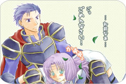 Rule 34 | 1boy, 1girl, accident, aqua eyes, armor, blue eyes, blue hair, blush, boots, breastplate, cape, clenched teeth, couple, falling leaves, fire emblem, fire emblem: the blazing blade, florina (fire emblem), green eyes, hector (fire emblem), leaf, long hair, lowres, nervous, nintendo, parted lips, pegasus knight uniform (fire emblem), purple hair, short hair, shoulder pads, sweat, sweatdrop, teeth, translation request, upper body, wavy mouth