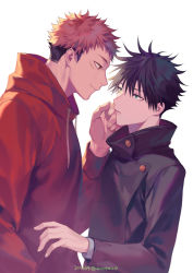 Rule 34 | 2boys, black hair, black jacket, buttons, commentary request, drawstring, closed eyes, facial mark, fushiguro megumi, green eyes, hair between eyes, hand in pocket, hand on another&#039;s face, high collar, hood, hood down, hoodie, itadori yuuji, jacket, jujutsu kaisen, long sleeves, looking at another, male focus, multiple boys, pink hair, red hoodie, school uniform, short hair, smile, spiked hair, undercut, white background, wuzhiang liufu, yaoi