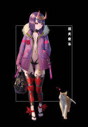 Rule 34 | 1girl, absurdres, ankle ribbon, bad id, bad pixiv id, bag, barefoot sandals (jewelry), black background, blush, bob cut, breasts, cat, closed mouth, collarbone, eyeliner, fate/grand order, fate (series), full body, fur-trimmed jacket, fur trim, hand in pocket, headpiece, heart, highres, horns, jacket, leg ribbon, legs, long sleeves, looking to the side, makeup, navel, oni, open clothes, open jacket, purple eyes, purple hair, purple jacket, red ribbon, revealing clothes, ribbon, short eyebrows, short hair, shuten douji (fate), skin-covered horns, small breasts, uronte, zipper