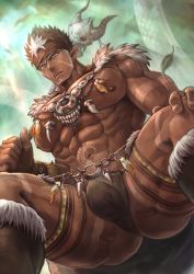 Rule 34 | 1boy, abs, arm tattoo, ass, bara, bare pectorals, briefs, brown hair, bulge, dark-skinned male, dark skin, facial hair, feathers, feet out of frame, from below, goatee, headband, highres, jewelry, large pectorals, long sideburns, male focus, male underwear, manly, muscular, navel, necklace, nipples, pectorals, pointing, pointing at self, pointy ears, short hair, sideburns, skull, snake, solo, spiked hair, stomach tattoo, syu0909, tangaroa (housamo), tattoo, thick thighs, thighs, tokyo houkago summoners, tooth necklace, underwear, white hair, white snake, yellow eyes