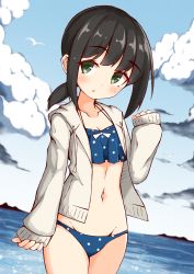 Rule 34 | 1girl, :o, absurdres, animal, bikini, bikini under clothes, bird, black hair, blue bikini, blue sky, blush, breasts, cleavage, cloud, collarbone, commentary request, day, drawstring, dutch angle, fubuki (kancolle), green eyes, grey jacket, groin, halterneck, highres, hood, hood down, hooded jacket, horizon, ichi (ichi.colors), jacket, kantai collection, long sleeves, looking at viewer, low ponytail, navel, ocean, open clothes, open jacket, outdoors, parted lips, pinching sleeves, polka dot, polka dot bikini, ponytail, sidelocks, sky, sleeves past wrists, small breasts, solo, standing, swimsuit, water
