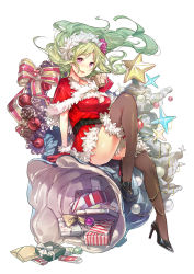 Rule 34 | 1girl, artist request, belt, breasts, christmas wreath, cleavage, floating hair, full body, fur trim, gift, gloves, green hair, high heels, highres, holding, long hair, looking at viewer, official art, open mouth, pumps, red gloves, sack, santa costume, simple background, solo, thighhighs, white background, wreath, youkai hyakki-tan!