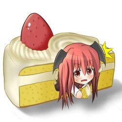 Rule 34 | 1girl, ^^^, bad id, bad pixiv id, cake, chibi, eating, embodiment of scarlet devil, female focus, food, food on face, fruit, head wings, holding, in food, koakuma, mini person, minigirl, necktie, pastry, red eyes, red hair, simple background, solo, strawberry, touhou, uruc, wings
