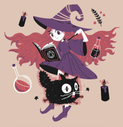 Rule 34 | 1girl, beige background, black cat, book, candle, cat, closed mouth, commentary, dress, english commentary, hat, hexagram, holding, holding wand, light frown, long hair, mona (h-rabbit), monochrome, muted color, open book, original, pointy footwear, purple dress, purple eyes, purple footwear, purple hat, shoes, simple background, skirt, solo, star of david, static electricity, test tube, very long hair, wand, white skirt