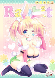 Rule 34 | 1girl, :p, animal ears, bad id, bad pixiv id, black thighhighs, blonde hair, blue eyes, breasts, candy, choker, cleavage, food, holding, large breasts, looking at viewer, md5 mismatch, one eye closed, original, rabbit, rabbit ears, sitting, smile, solo, thighhighs, tongue, tongue out, tsukishima yuuko, twintails