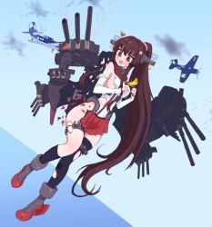 Rule 34 | 1girl, absurdly long hair, bebetang, black thighhighs, blush, breasts, brown hair, damaged, flower, hair flower, hair ornament, kantai collection, large breasts, long hair, looking at viewer, open mouth, pleated skirt, red eyes, red skirt, sideboob, skirt, solo, thighhighs, torn clothes, torn skirt, torn thighhighs, very long hair, yamato (kancolle)