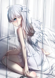 Rule 34 | 1girl, ahoge, blue eyes, cage, chain, chained, chain, commentary, dress, feathered wings, head wings, highres, in cage, long hair, off-shoulder dress, off shoulder, original, sideways glance, sitting, solo, umou (may65879), wariza, white dress, white hair, white wings, wings