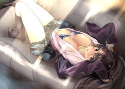 Rule 34 | 1girl, adjusting hair, arched back, black eyes, black hair, blouse, bra, bra pull, clothes pull, couch, from above, highres, jacket, lips, long hair, looking at viewer, looking up, lying, navel, no shoes, open clothes, open shirt, original, parted lips, pleated skirt, school uniform, shirt, skirt, solo, ugeppa, underwear, white legwear
