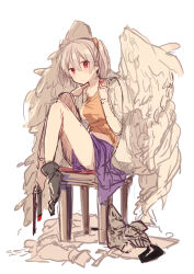 Rule 34 | 1girl, bad id, bad pixiv id, blush, closed mouth, feathered wings, grey hair, hair between eyes, ikeuchi tanuma, looking at viewer, neon genesis evangelion, neon genesis evangelion gakuen datenroku, orange shirt, purple skirt, red eyes, shirt, short hair, simple background, sitting, skirt, solo, tabris-xx, thighs, twintails, white background, wings, wooden stool