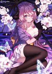 Rule 34 | 1girl, black thighhighs, blue eyes, braid, breasts, bug, butterfly, cherry blossoms, chest sarashi, cleavage, collarbone, egasumi, granblue fantasy, hair ornament, hair over one eye, hair spread out, highres, holding, holding umbrella, horns, insect, jacket, long hair, looking at viewer, narmaya (granblue fantasy), narmaya (visions of butterflies) (granblue fantasy), no shoes, official alternate costume, oil-paper umbrella, open clothes, open jacket, pink hair, pointy ears, purple jacket, sarashi, signature, sitting, skirt, solo, thighhighs, twitter username, umbrella, white skirt, yoake