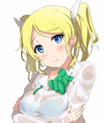 Rule 34 | 10s, 1girl, alternate hairstyle, ayase eli, bad id, bad twitter id, blonde hair, blue bra, blue eyes, blush, bra, dress shirt, hair ribbon, looking at viewer, love live!, love live! school idol project, ogipote, ribbon, school uniform, see-through, shirt, short twintails, solo, twintails, underwear, upper body, wet, wet clothes, white background