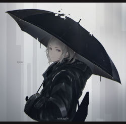 Rule 34 | 1girl, artist name, black jacket, black umbrella, closed mouth, commentary request, english text, grey background, grey eyes, grey hair, highres, holding, holding umbrella, jacket, letterboxed, long sleeves, looking at viewer, looking to the side, marumoru, original, rain, solo, umbrella, upper body