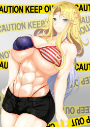 Rule 34 | 1girl, abs, absurdres, american flag bikini, arm at side, asymmetrical hair, bad id, bad pixiv id, bikini, black shorts, blonde hair, blue eyes, blush, breasts, caution tape, cleavage, commentary request, cowboy shot, fat mons, flag print, gradient background, grey background, hand on own hip, highleg, highleg bikini, highres, hip focus, huge breasts, ill (0022), jpeg artifacts, long hair, looking at viewer, multicolored hair, muscular, muscular female, original, parted bangs, shiny clothes, shiny skin, short shorts, shorts, sidelocks, silver hair, smile, solo, star-shaped pupils, star (symbol), swimsuit, symbol-shaped pupils, thighs, tongue, tongue out, two-tone hair, very long hair