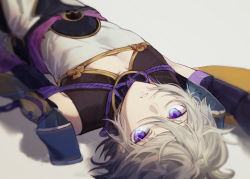 Rule 34 | 1boy, bad id, bad pixiv id, bishounen, blue eyes, chinese clothes, close-up, csyday, fate/grand order, fate (series), grey hair, hair between eyes, looking at viewer, looking up, lying, male focus, on back, prince of lan ling (fate), short hair, solo