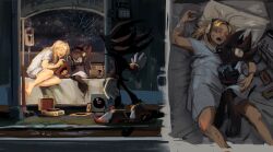 Rule 34 | 1boy, 1girl, animal ears, animal nose, bed, blonde hair, closed eyes, commentary, english commentary, furry, furry male, gloves, headphones, highres, holding, intravenous drip, iv stand, long hair, maria robotnik, open mouth, phonograph, rat riot, shadow the hedgehog, shoes, sitting, sleeping, smile, sonic (series), sonic adventure 2, standing, tail, white gloves