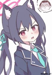 1girl animal_ears artist_name black_hair blue_archive cat_ears doodle_sensei_(blue_archive) open_mouth red_eyes sensei_(blue_archive) serika_(blue_archive) shouta0722_art speech_bubble