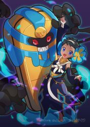 Rule 34 | 1girl, :d, arm up, arutarika (ri kaoekaki), barefoot, black dress, black hair, blue eyes, cofagrigus, commentary request, creatures (company), detached sleeves, dress, eyelashes, flower, game freak, gen 5 pokemon, hair flower, hair ornament, happy, highres, jewelry, looking at viewer, neck ring, nintendo, official alternate costume, open mouth, phoebe (fall 2023) (pokemon), phoebe (pokemon), pokemon, pokemon (creature), pokemon masters ex, short hair, smile, teeth, tongue, upper teeth only